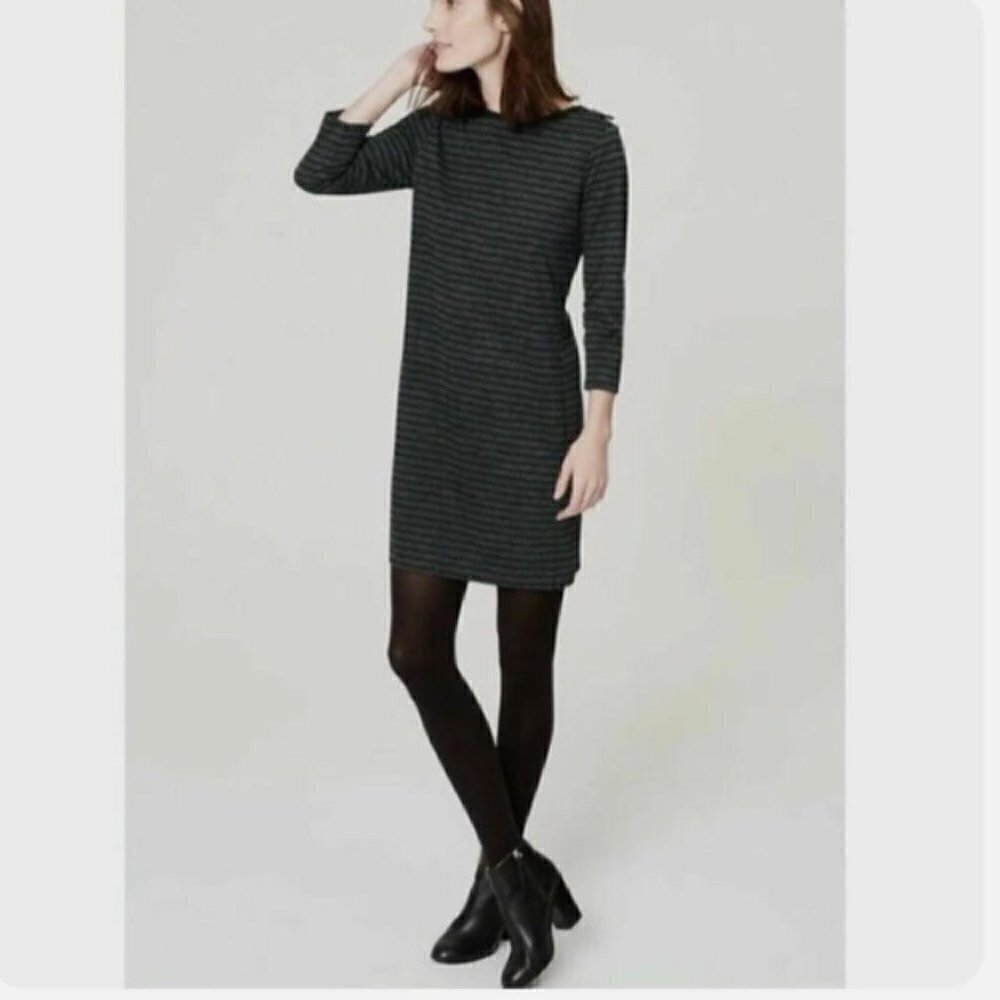 Ann Taylor LOFT Tall Gray & Black Stripe Zip Shoulder Long Sleeve Mini Dress ST